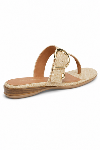 Andre Assous Nix raffia summer sandals with buckle closure, beige color, rubber sole, and 1-inch heel height.