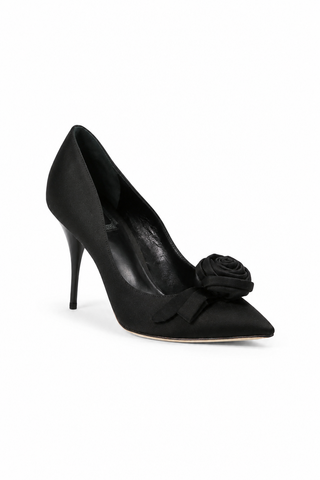 Christian Dior Rose Women's Designer Shoes Black Satin Evening Pumps (CDW70)