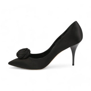 Christian Dior Rose Women's Designer Shoes Black Satin Evening Pumps (CDW70)-AmbrogioShoes