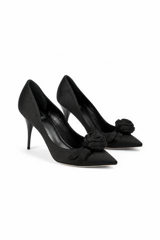 Christian Dior Rose Women's Designer Shoes Black Satin Evening Pumps (CDW70)