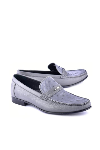 Corrente 3898Ost Leather & Ostrich Horse-Bit Loafer - Gray