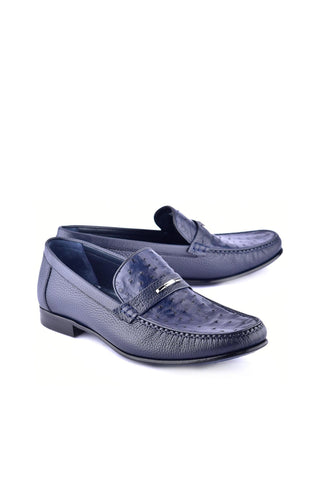 Corrente 3898Ost Leather & Ostrich Horse-Bit Loafer - Navy