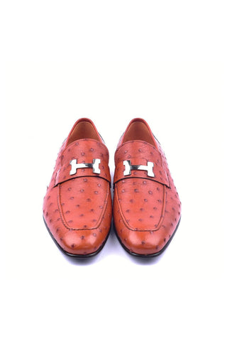 Corrente 5760 Rust Genuine Ostrich Silver H Buckle Loafers (CRT1374)-AmbrogioShoes