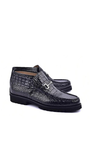 Corrente 5786 Black Crocodile Print / Calf-Skin Leather Horse-Bit Boots (CRT1454)-AmbrogioShoes