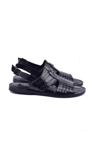 Corrente 5829S Ostrich & Embossed Leather Sandal - Black