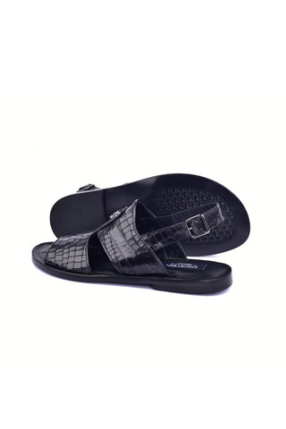 Corrente 5829S Ostrich & Embossed Leather Sandal - Black