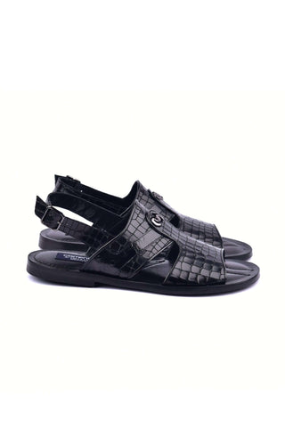 Corrente 5829S Ostrich & Embossed Leather Sandal - Black