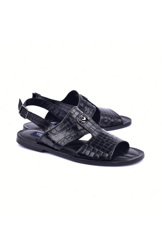 Corrente 5829S Ostrich & Embossed Leather Sandal - Black