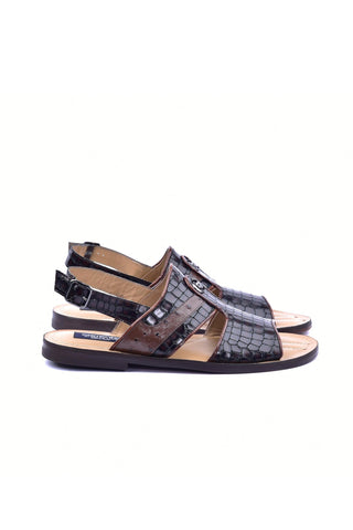 Corrente 5829S Ostrich & Embossed Leather Sandal - Brown