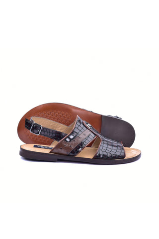 Corrente 5829S Ostrich & Embossed Leather Sandal - Brown
