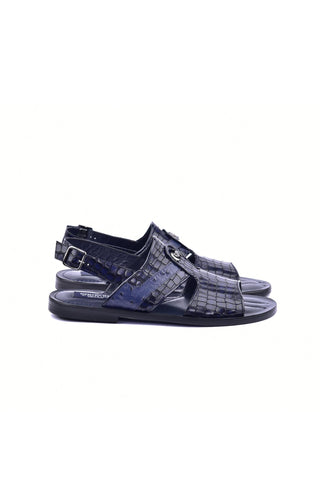 Corrente 5829S Ostrich & Embossed Leather Sandal - Navy