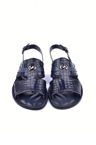 Corrente 5829S Ostrich & Embossed Leather Sandal - Navy