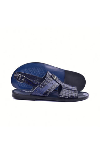 Corrente 5829S Ostrich & Embossed Leather Sandal - Navy