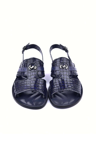 Corrente 5829S Ostrich & Embossed Leather Sandal - Navy