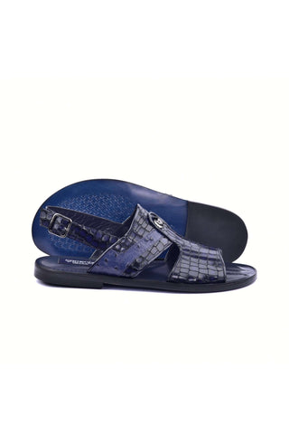 Corrente 5829S Ostrich & Embossed Leather Sandal - Navy
