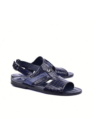 Corrente 5829S Ostrich & Embossed Leather Sandal - Navy