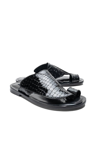 Corrente 5831 Embossed Leather & Ostrich Sandal - Black