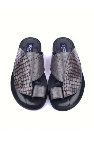 Corrente 5831 Embossed Leather & Ostrich Sandal - Gray