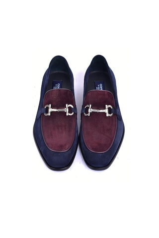Corrente 6376S Suede Horse-Bit Loafer - Navy & Burgundy