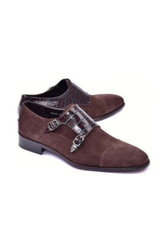 Corrente 6433 Crocodile Print & Suede Double Monk-Straps Loafers (CRT1490)-AmbrogioShoes