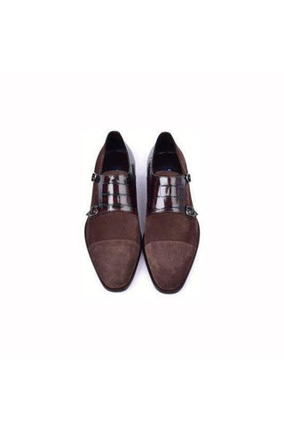 Corrente 6433 Crocodile Print & Suede Double Monk-Straps Loafers (CRT1490)-AmbrogioShoes
