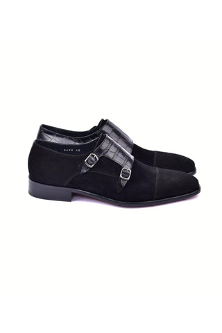 Corrente 6433 Suede & Embossed Leather Double Monk-Strap - Black