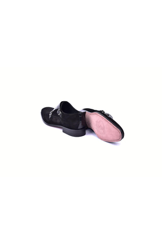 Corrente 6433 Suede & Embossed Leather Double Monk-Strap - Black