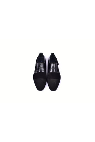 Corrente 6433 Suede & Embossed Leather Double Monk-Strap - Black