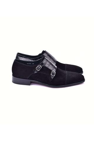 Corrente 6433 Suede & Embossed Leather Double Monk-Strap - Black