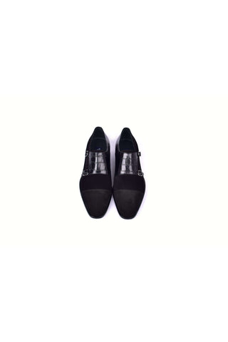 Corrente 6433 Suede & Embossed Leather Double Monk-Strap - Black