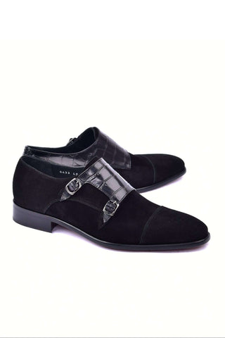 Corrente 6433 Suede & Embossed Leather Double Monk-Strap - Black