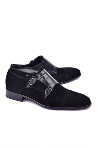 Corrente 6433 Suede & Embossed Leather Double Monk-Strap - Black