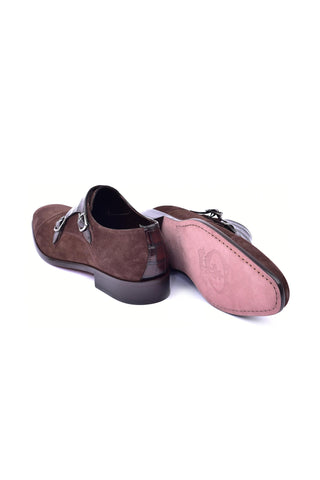 Corrente 6433 Suede & Embossed Leather Double Monk-Strap - Brown