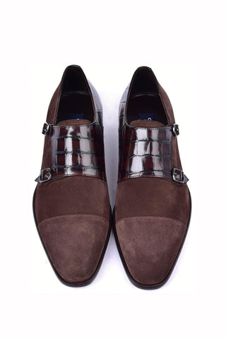 Corrente 6433 Suede & Embossed Leather Double Monk-Strap - Brown