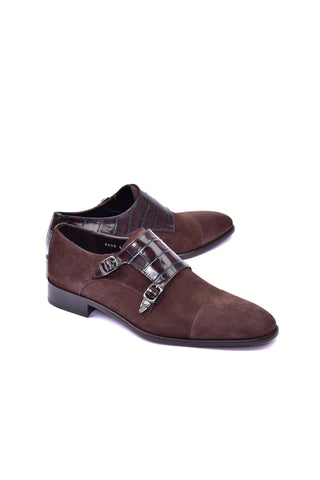 Corrente 6433 Suede & Embossed Leather Double Monk-Strap - Brown