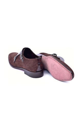 Corrente 6433 Suede & Embossed Leather Double Monk-Strap - Brown