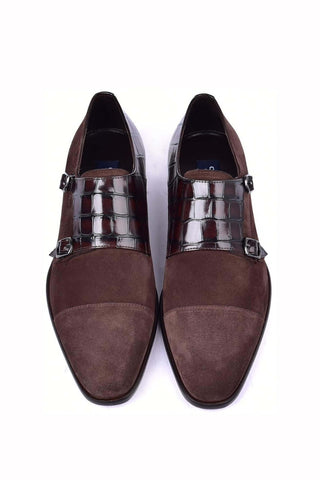 Corrente 6433 Suede & Embossed Leather Double Monk-Strap - Brown