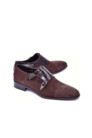 Corrente 6433 Suede & Embossed Leather Double Monk-Strap - Brown