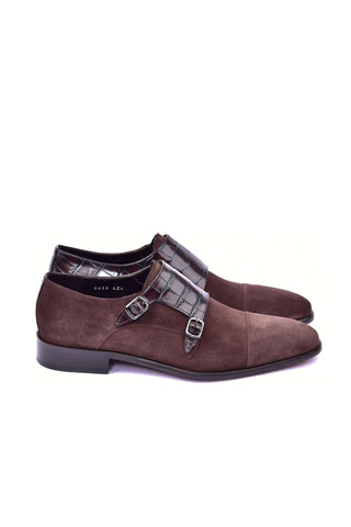 Corrente 6433 Suede & Embossed Leather Double Monk-Strap - Brown