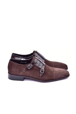 Corrente 6433 Suede & Embossed Leather Double Monk-Strap - Brown