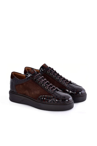 Corrente 8492 Suede & Embossed Leather Sneaker - Brown