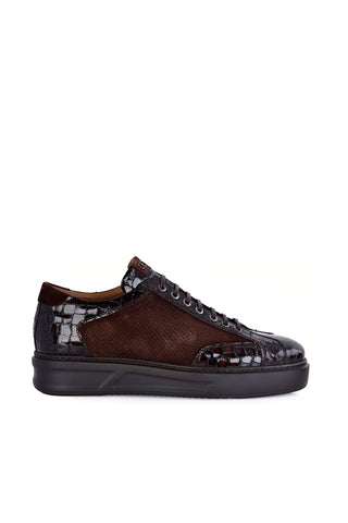 Corrente 8492 Suede & Embossed Leather Sneaker - Brown