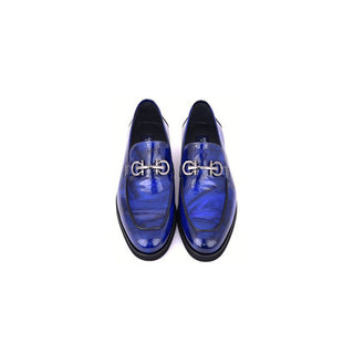 Corrente C0001206-7249 Men's Shoes Marble Blue Calf-Skin Leather Formal Horsebit Loafers (CRT1502)-AmbrogioShoes