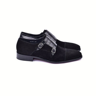 Corrente C00016-6433 Men's Shoes Black Crocodile Print / Suede Leather Double Monk-Straps Loafers (CRT1490)-AmbrogioShoes