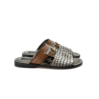 Corrente C003 5827 Men's Shoes Brown & Silver Crocodile Print / Calf-Skin Leather Slip-On Sandals (CRT1253)-AmbrogioShoes