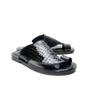 Corrente C005 5830 Men's Shoes Black Crocodile Print / Ostrich Slip-On Sandals (CRT1255)-AmbrogioShoes