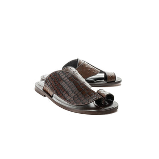 Corrente C005 5830 Men's Shoes Brown Crocodile Print / Ostrich Slip-On Sandals (CRT1256)-AmbrogioShoes