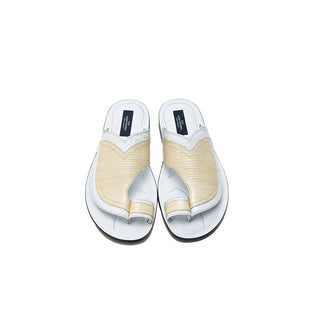 Corrente C006 5831 Men's Shoes White & Cream Crocodile & Lizard Print Slip-On Sandals (CRT1257)-AmbrogioShoes