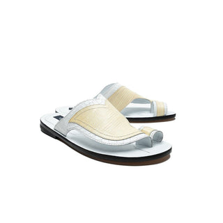 Corrente C006 5831 Men's Shoes White & Cream Crocodile & Lizard Print Slip-On Sandals (CRT1257)-AmbrogioShoes