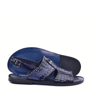 Corrente C0076 5829S Men's Shoes Navy Embossed Leather and Ostrich Sandals (CRT1361)-AmbrogioShoes